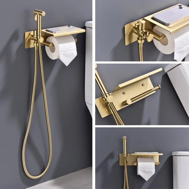 Brushed Bidet Brass Sprayer Concealed Button Brass Valve with Commodity Shelf Paper Holder High Pressure Sprayer 1.5M Hose