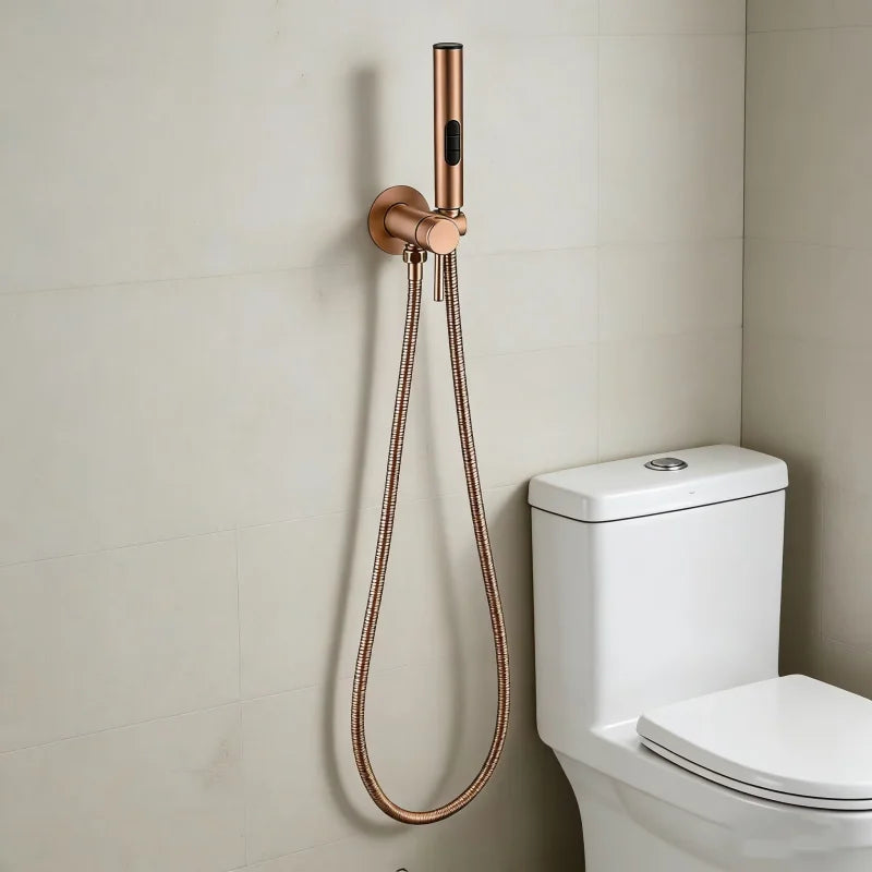 Brushed Rose Gold Brass Bidet Faucet Portable Toilet Bidet Sprayer Set Toilet Faucet Hygienic Shower Hot Cold Water Shoer Head