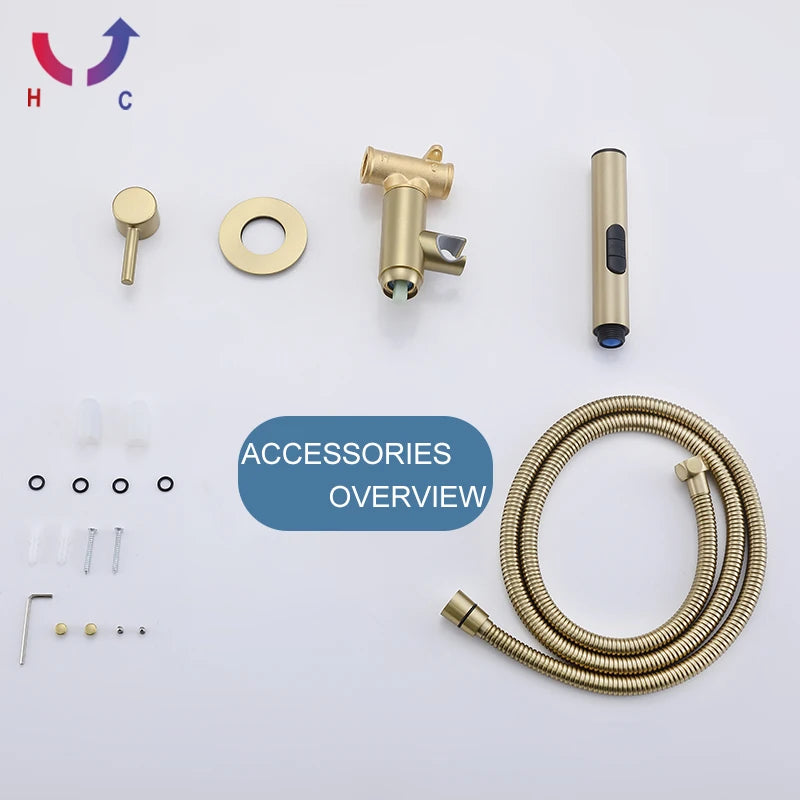 Brushed Rose Gold Brass Bidet Faucet Portable Toilet Bidet Sprayer Set Toilet Faucet Hygienic Shower Hot Cold Water Shoer Head