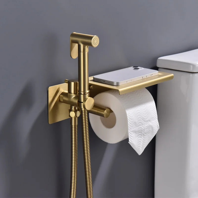Brushed Bidet Brass Sprayer Concealed Button Brass Valve with Commodity Shelf Paper Holder High Pressure Sprayer 1.5M Hose