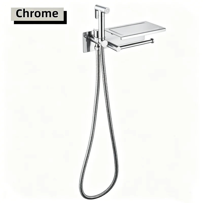 Brushed Bidet Brass Sprayer Concealed Button Brass Valve with Commodity Shelf Paper Holder High Pressure Sprayer 1.5M Hose