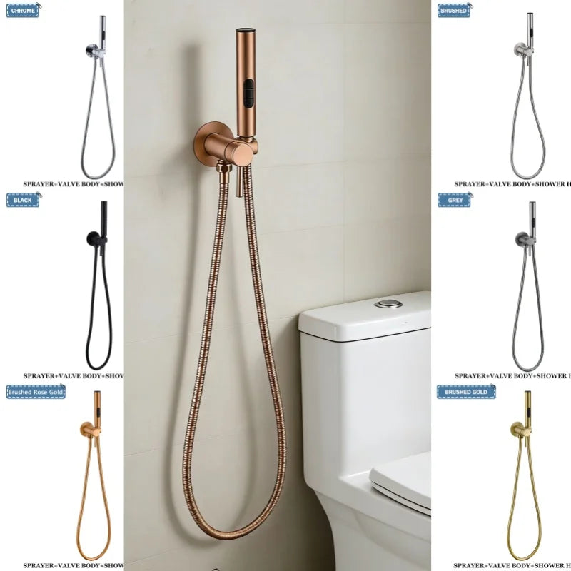 Brushed Rose Gold Brass Bidet Faucet Portable Toilet Bidet Sprayer Set Toilet Faucet Hygienic Shower Hot Cold Water Shoer Head