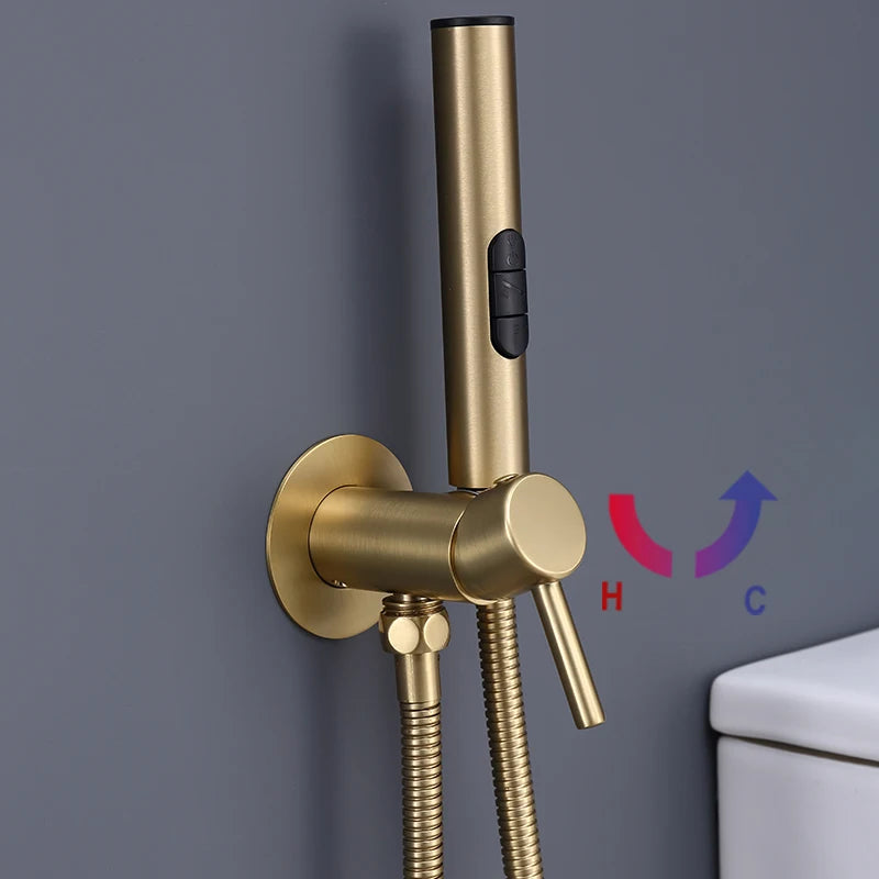 Brushed Rose Gold Brass Bidet Faucet Portable Toilet Bidet Sprayer Set Toilet Faucet Hygienic Shower Hot Cold Water Shoer Head