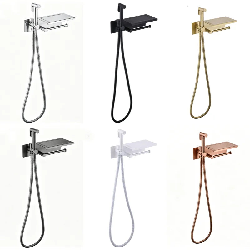 Brushed Bidet Brass Sprayer Concealed Button Brass Valve with Commodity Shelf Paper Holder High Pressure Sprayer 1.5M Hose