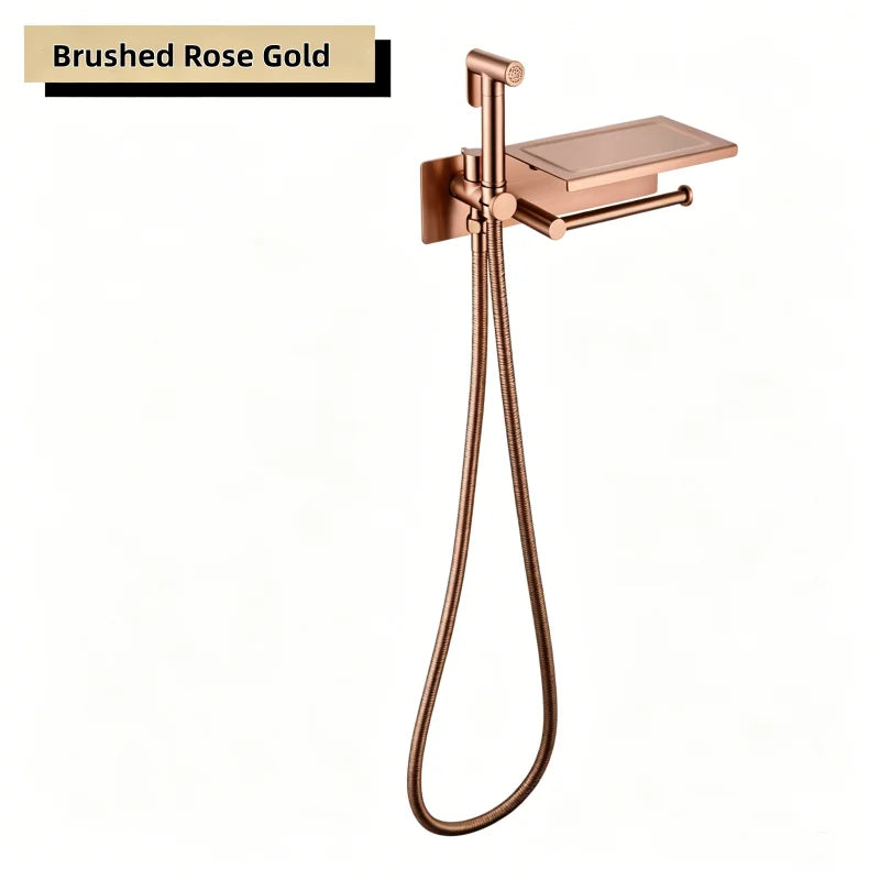 Brushed Bidet Brass Sprayer Concealed Button Brass Valve with Commodity Shelf Paper Holder High Pressure Sprayer 1.5M Hose