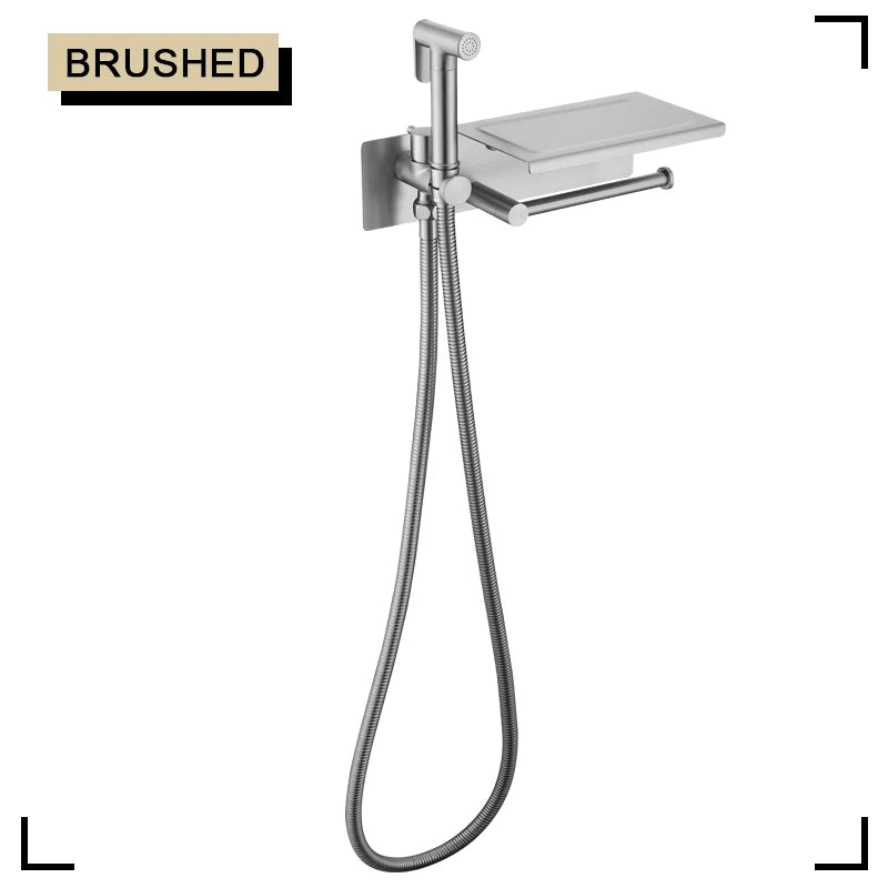 Brushed Bidet Brass Sprayer Concealed Button Brass Valve with Commodity Shelf Paper Holder High Pressure Sprayer 1.5M Hose