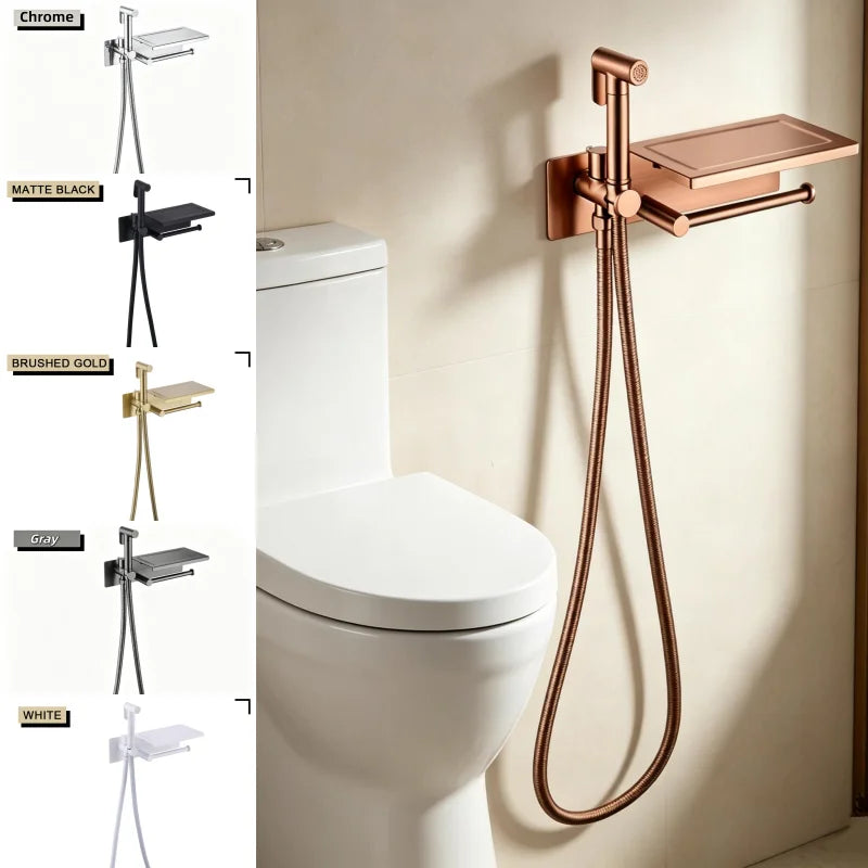 Brushed Bidet Brass Sprayer Concealed Button Brass Valve with Commodity Shelf Paper Holder High Pressure Sprayer 1.5M Hose