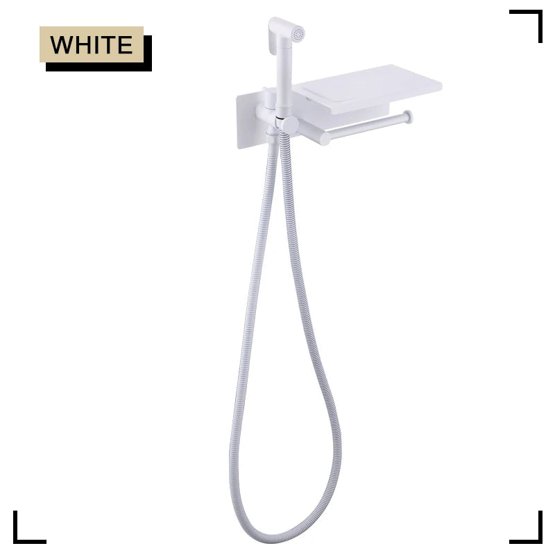 Brushed Bidet Brass Sprayer Concealed Button Brass Valve with Commodity Shelf Paper Holder High Pressure Sprayer 1.5M Hose