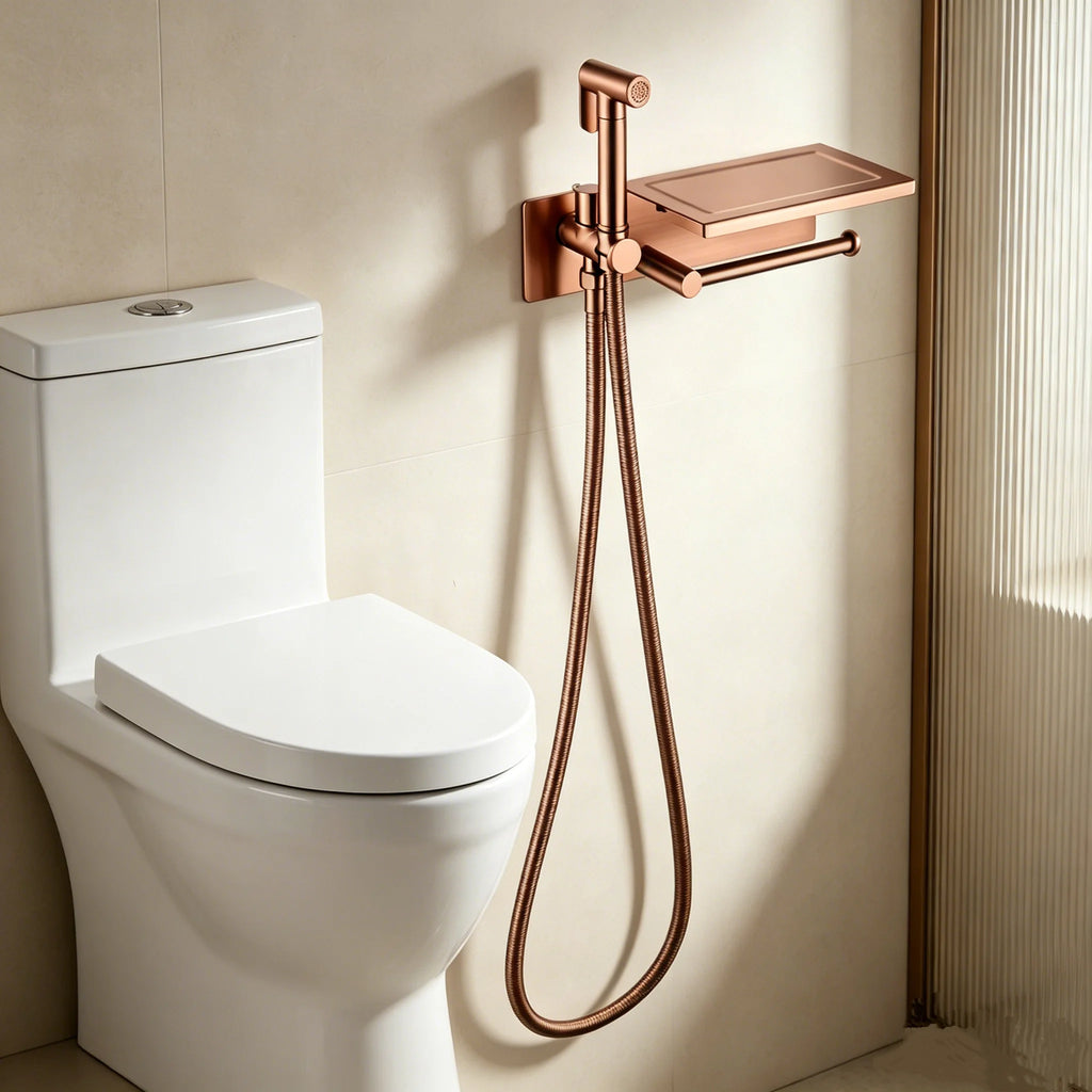 Brushed Bidet Brass Sprayer Concealed Button Brass Valve with Commodity Shelf Paper Holder High Pressure Sprayer 1.5M Hose