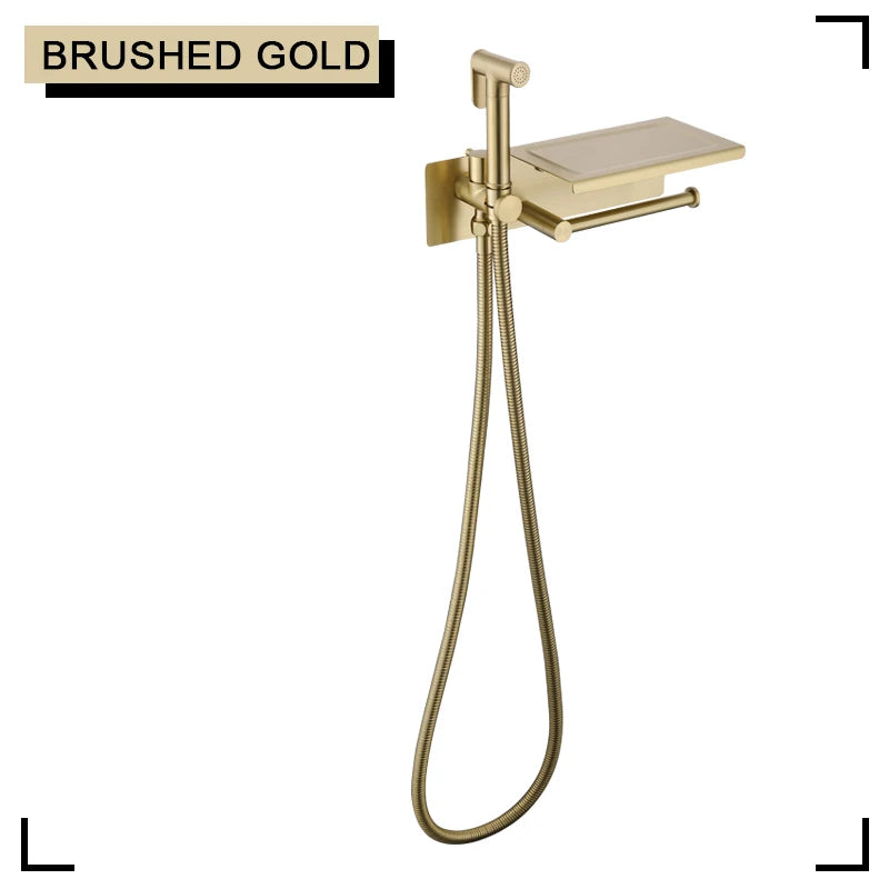 Brushed Bidet Brass Sprayer Concealed Button Brass Valve with Commodity Shelf Paper Holder High Pressure Sprayer 1.5M Hose