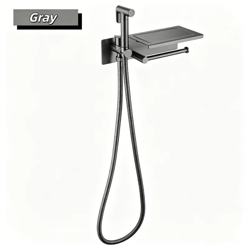 Brushed Bidet Brass Sprayer Concealed Button Brass Valve with Commodity Shelf Paper Holder High Pressure Sprayer 1.5M Hose